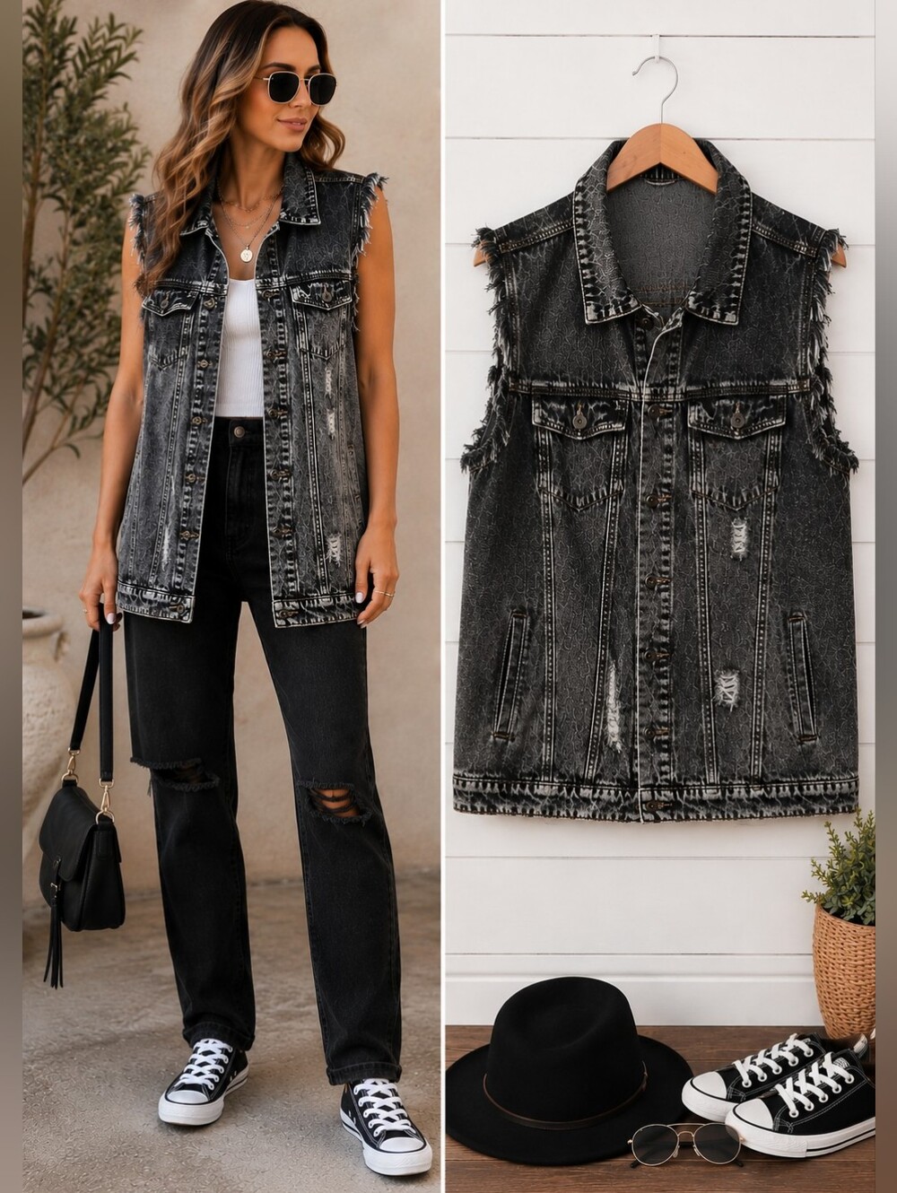 Anna-Kaci Distressed Acid Wash Denim Vest Frayed Sleeveless Jean Jacket Size L